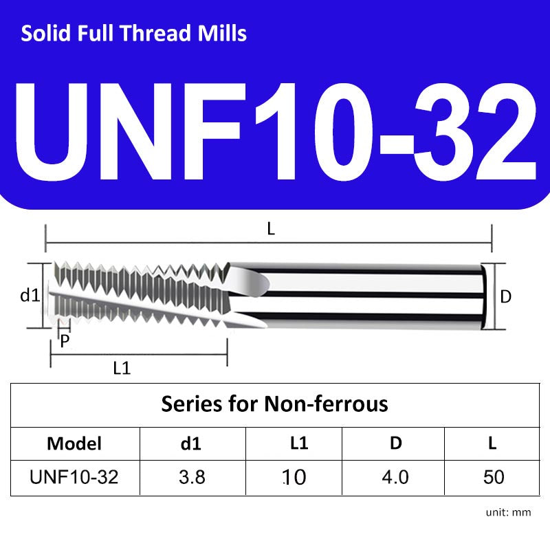 UNF10# 32 Full Tooth Tungsten Solid Carbide Thread Mills Uncoated for Non-ferrous - Da Blacksmith