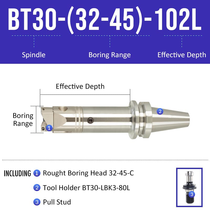 BT30-(32-45)-102L Double-edged Rough Boring Tool Extended Length Rod with Rough Boring Head - Da Blacksmith