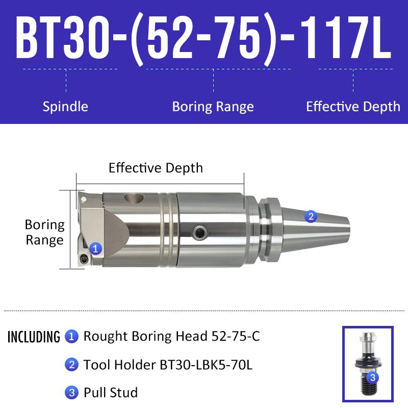 BT30-(52-75)-117L Double-edged Rough Boring Tool Extended Length Rod with Rough Boring Head - Da Blacksmith