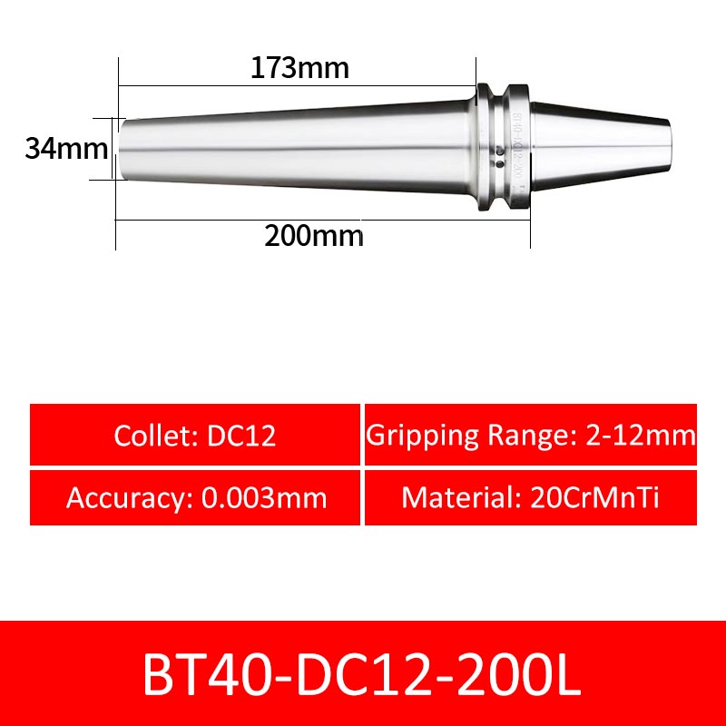 BT40-DC12-200L Collet Chuck High Precision Pull-back High-speed with Extended Shank Anti-Interference - Da Blacksmith