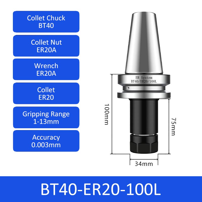 BT40-ER20-100L 0.003mm High-precision CNC Tool Holder ER Collet Chuck Dynamic Balance - Da Blacksmith