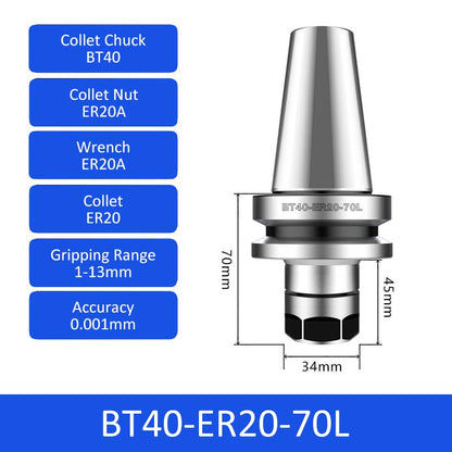 BT40-ER20-70L 0.001mm High-precision CNC Tool Holder ER Collet Chuck Dynamic Balance - Da Blacksmith