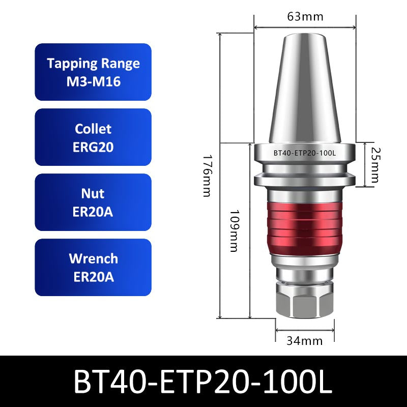BT40-ETP20-100L Telescopic Collet Chuck Floating Tapping Tool Holder - Da Blacksmith