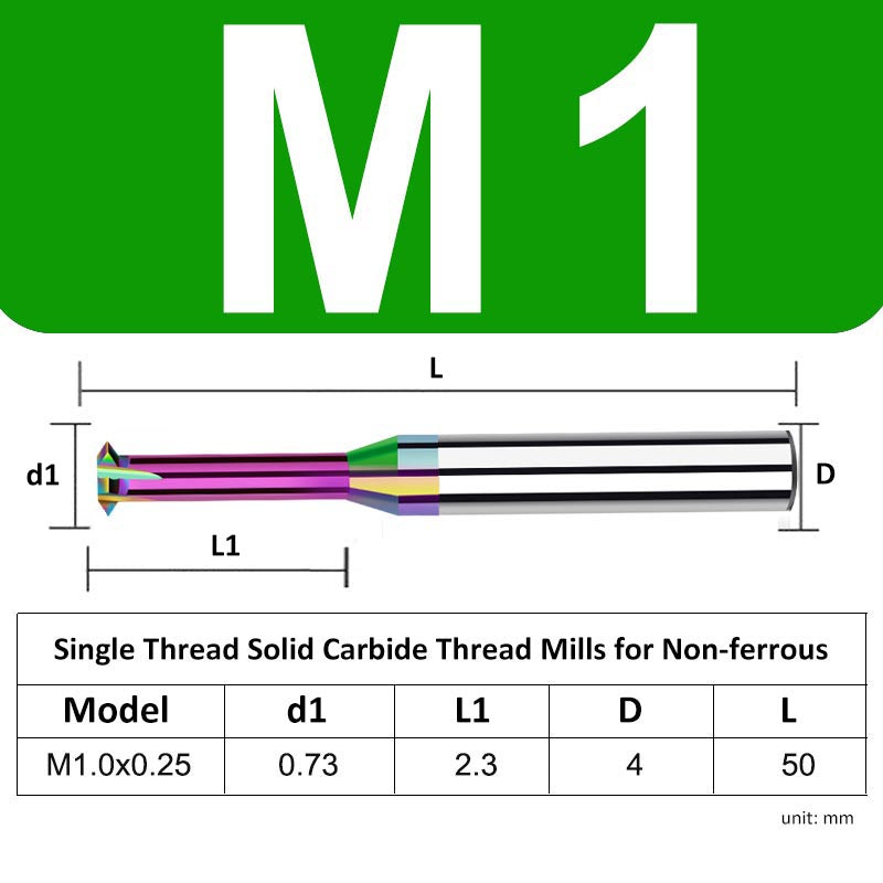 M1 Pitch 0.25mm Shank Diameter 4mm Full Length 50mm Single Thread Solid Carbide Thread Mills for Non-ferrous - Da Blacksmith