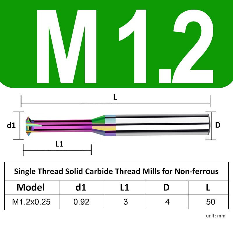 M1.2 Pitch 0.25mm Shank Diameter 4mm Full Length 50mm Single Thread Solid Carbide Thread Mills for Non-ferrous - Da Blacksmith