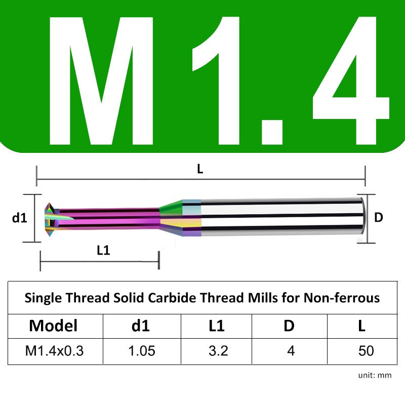 M1.4 Pitch 0.3mm Shank Diameter 4mm Full Length 50mm Single Thread Solid Carbide Thread Mills for Non-ferrous - Da Blacksmith