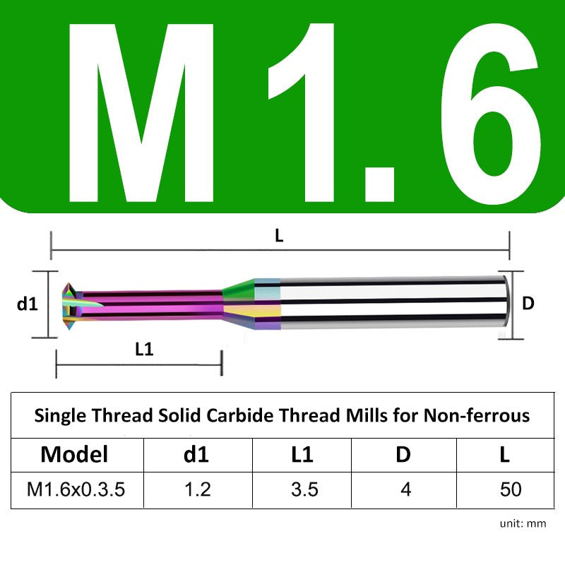 M1.6 Pitch 0.35mm Shank Diameter 4mm Full Length 50mm Single Thread Solid Carbide Thread Mills for Non-ferrous - Da Blacksmith