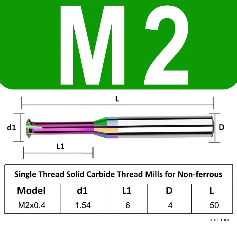 M2 Pitch 0.4mm Shank Diameter 4mm Full Length 50mm Single Thread Solid Carbide Thread Mills for Non-ferrous - Da Blacksmith