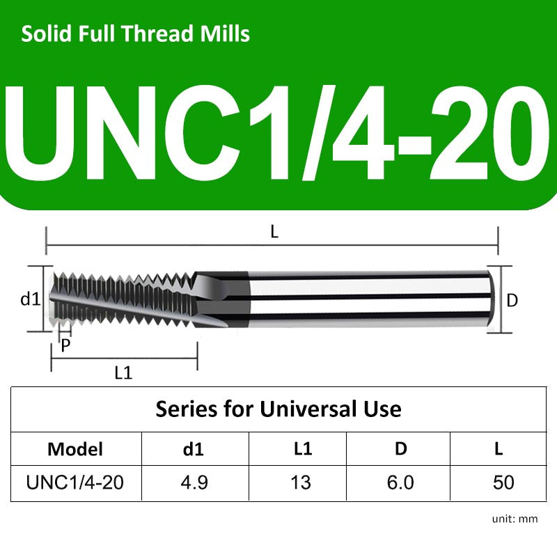 UNC1/4-20 Universal Full Tooth Tungsten Solid Carbide Thread Mills - Da Blacksmith