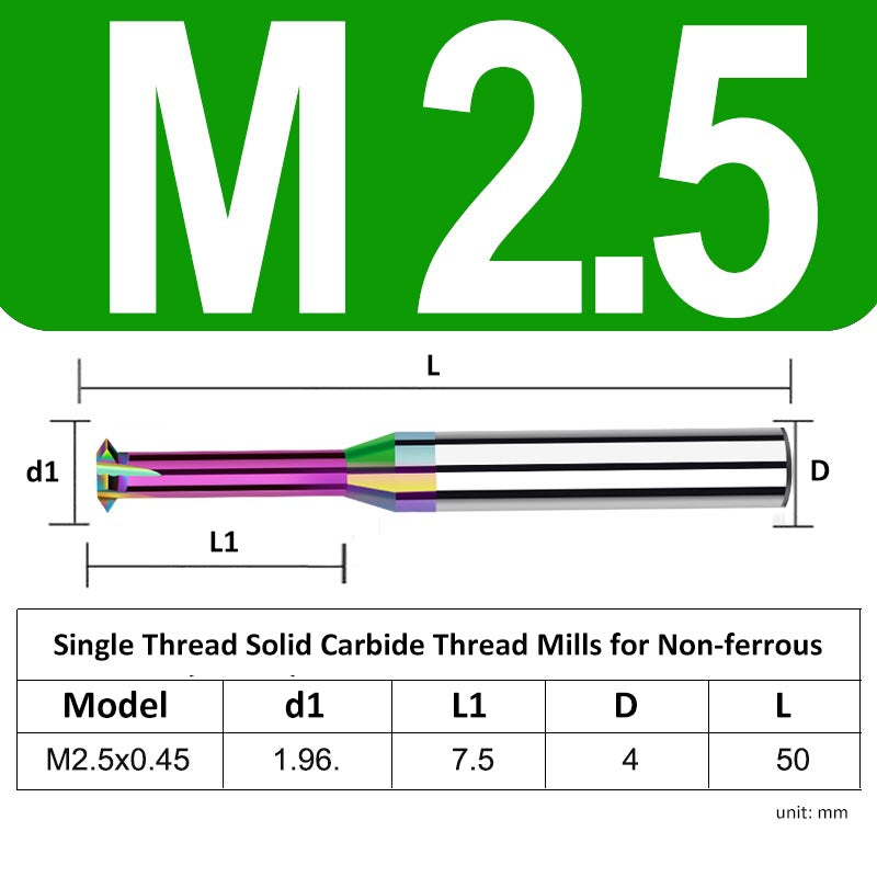 M2.5 Pitch 0.45mm Shank Diameter 4mm Full Length 50mm Single Thread Solid Carbide Thread Mills for Non-ferrous - Da Blacksmith