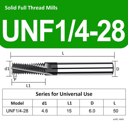 UNF1/4-28 Universal Full Tooth Tungsten Solid Carbide Thread Mills - Da Blacksmith