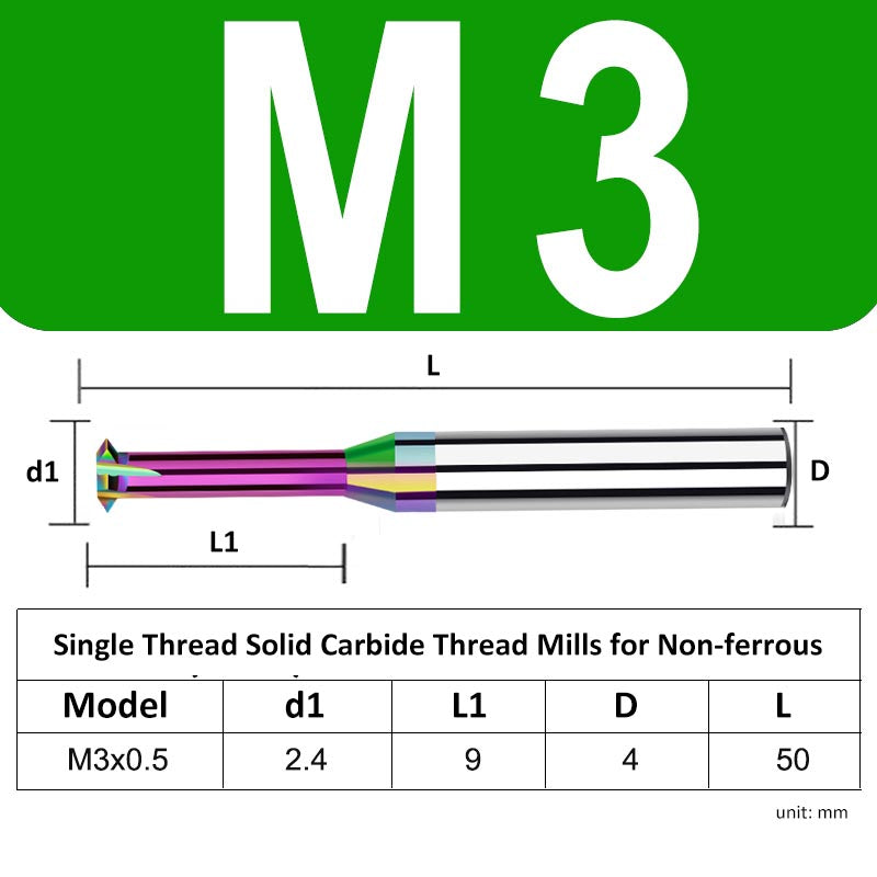 M3 Pitch 0.5mm Shank Diameter 4mm Full Length 50mm Single Thread Solid Carbide Thread Mills for Non-ferrous - Da Blacksmith