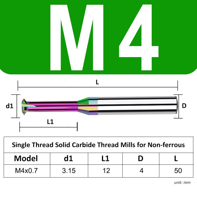 M4 Pitch 0.7mm Shank Diameter 4mm Full Length 50mm Single Thread Solid Carbide Thread Mills for Non-ferrous - Da Blacksmith