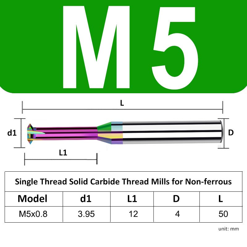 M5 Pitch 0.8mm Shank Diameter 4mm Full Length 50mm Single Thread Solid Carbide Thread Mills for Non-ferrous - Da Blacksmith