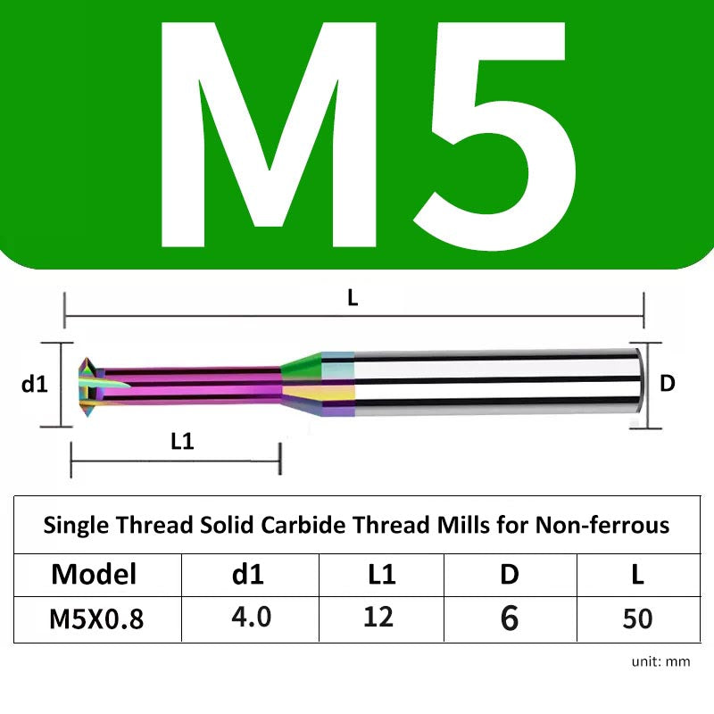 M5 Pitch 0.8mm Shank Diameter 6mm Full Length 50mm Single Thread Solid Carbide Thread Mills for Non-ferrous - Da Blacksmith