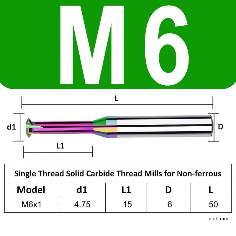 M6 Pitch 1mm Shank Diameter 6mm Full Length 50mm Single Thread Solid Carbide Thread Mills for Non-ferrous - Da Blacksmith