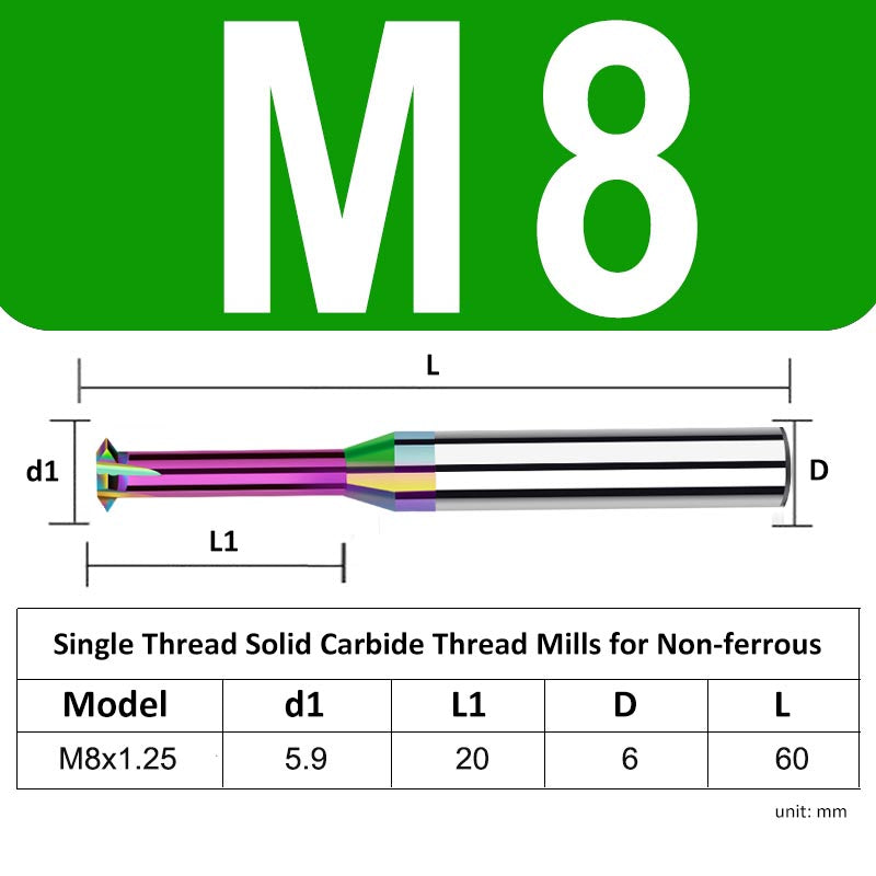 M8 Pitch 1.25mm Shank Diameter 6mm Full Length 60mm Single Thread Solid Carbide Thread Mills for Non-ferrous - Da Blacksmith