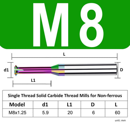 M8 Pitch 1.25mm Shank Diameter 6mm Full Length 60mm Single Thread Solid Carbide Thread Mills for Non-ferrous - Da Blacksmith