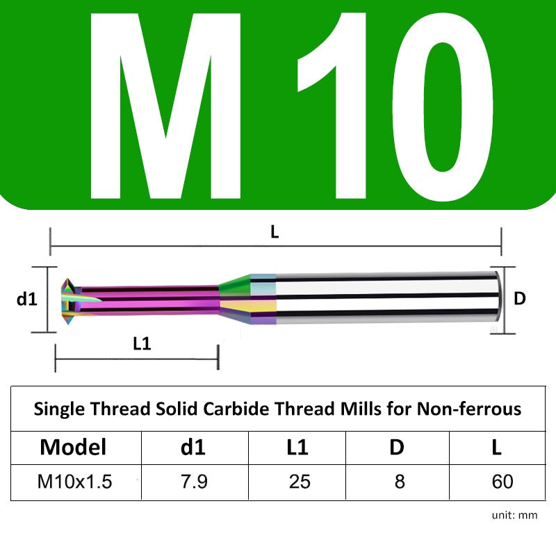 M10 Pitch 1.5mm Shank Diameter 8mm Full Length 60mm Single Thread Solid Carbide Thread Mills for Non-ferrous - Da Blacksmith