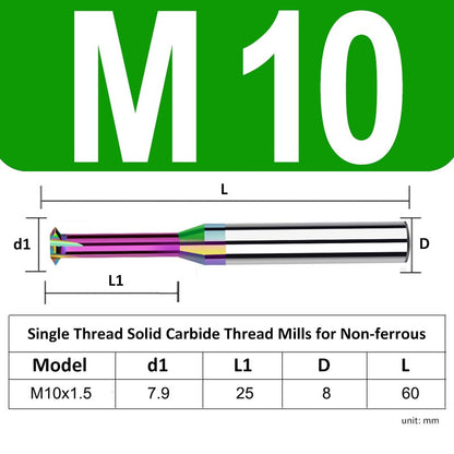 M10 Pitch 1.5mm Shank Diameter 8mm Full Length 60mm Single Thread Solid Carbide Thread Mills for Non-ferrous - Da Blacksmith