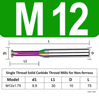 M12 Pitch 1.75mm Shank Diameter 10mm Full Length 75mm Single Thread Solid Carbide Thread Mills for Non-ferrous - Da Blacksmith