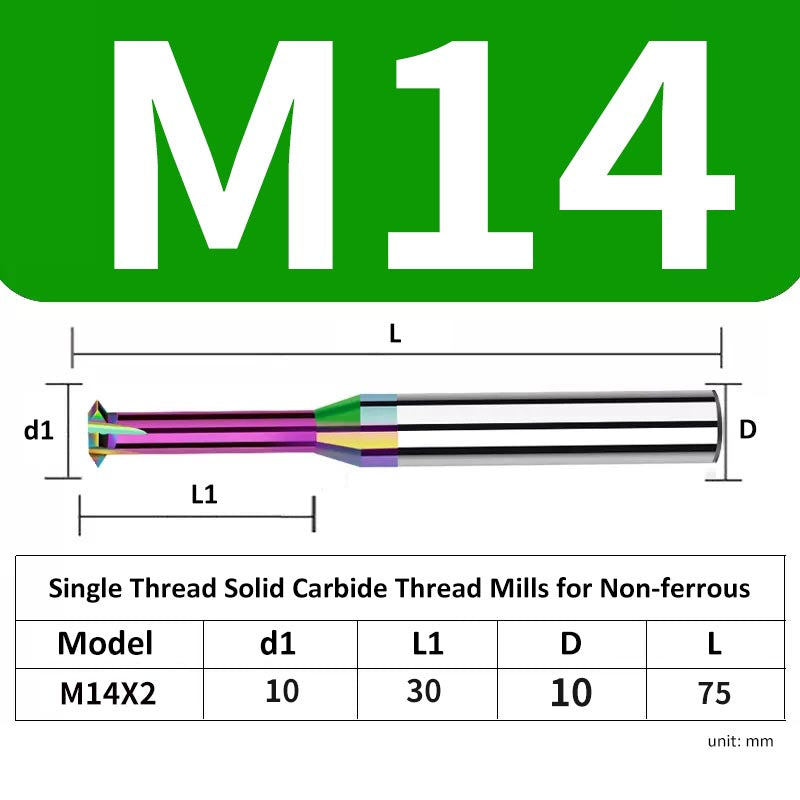 M14 Pitch 2mm Shank Diameter 10mm Full Length 75mm Single Thread Solid Carbide Thread Mills for Non-ferrous - Da Blacksmith