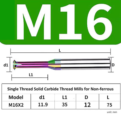 M16 Pitch 2mm Shank Diameter 12mm Full Length 75mm Single Thread Solid Carbide Thread Mills for Non-ferrous - Da Blacksmith