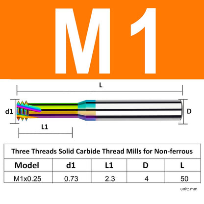 M1 Pitch 0.25mm Shank Diameter 4mm Full Length 50mm Three Thread Solid Carbide Thread Mills for Non-ferrous - Da Blacksmith