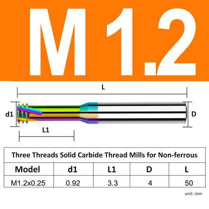 M1.2 Pitch 0.25mm Shank Diameter 4mm Full Length 50mm Three Thread Solid Carbide Thread Mills for Non-ferrous - Da Blacksmith