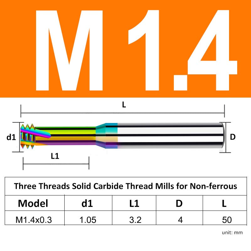 M1.4 Pitch 0.3mm Shank Diameter 4mm Full Length 50mm Three Thread Solid Carbide Thread Mills for Non-ferrous - Da Blacksmith