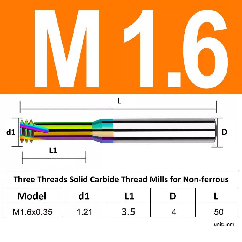 M1.6 Pitch 0.35mm Shank Diameter 4mm Full Length 50mm Three Thread Solid Carbide Thread Mills for Non-ferrous - Da Blacksmith