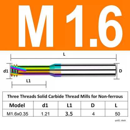 M1.6 Pitch 0.35mm Shank Diameter 4mm Full Length 50mm Three Thread Solid Carbide Thread Mills for Non-ferrous - Da Blacksmith