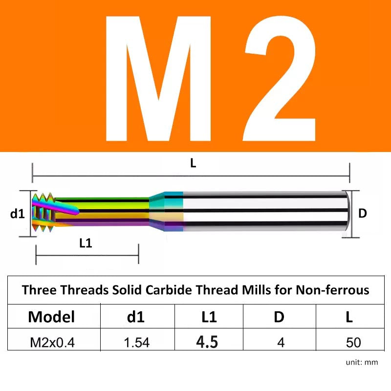 M2 Pitch 0.4mm Shank Diameter 4mm Full Length 50mm Three Thread Solid Carbide Thread Mills for Non-ferrous - Da Blacksmith