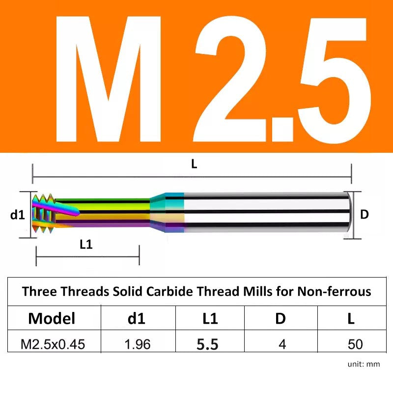 M2.5 Pitch 0.45mm Shank Diameter 4mm Full Length 50mm Three Thread Solid Carbide Thread Mills for Non-ferrous - Da Blacksmith