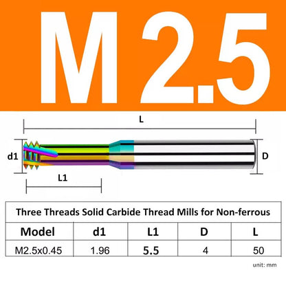 M2.5 Pitch 0.45mm Shank Diameter 4mm Full Length 50mm Three Thread Solid Carbide Thread Mills for Non-ferrous - Da Blacksmith