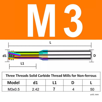 M3 Pitch 0.5mm Shank Diameter 4mm Full Length 50mm Three Thread Solid Carbide Thread Mills for Non-ferrous - Da Blacksmith