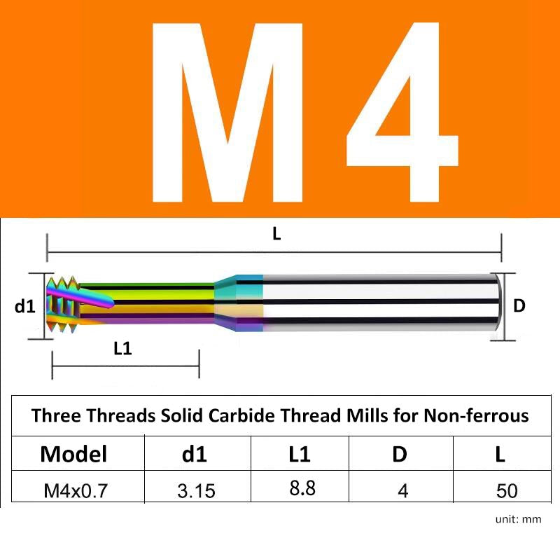 M4 Pitch 0.7mm Shank Diameter 4mm Full Length 50mm Three Thread Solid Carbide Thread Mills for Non-ferrous - Da Blacksmith