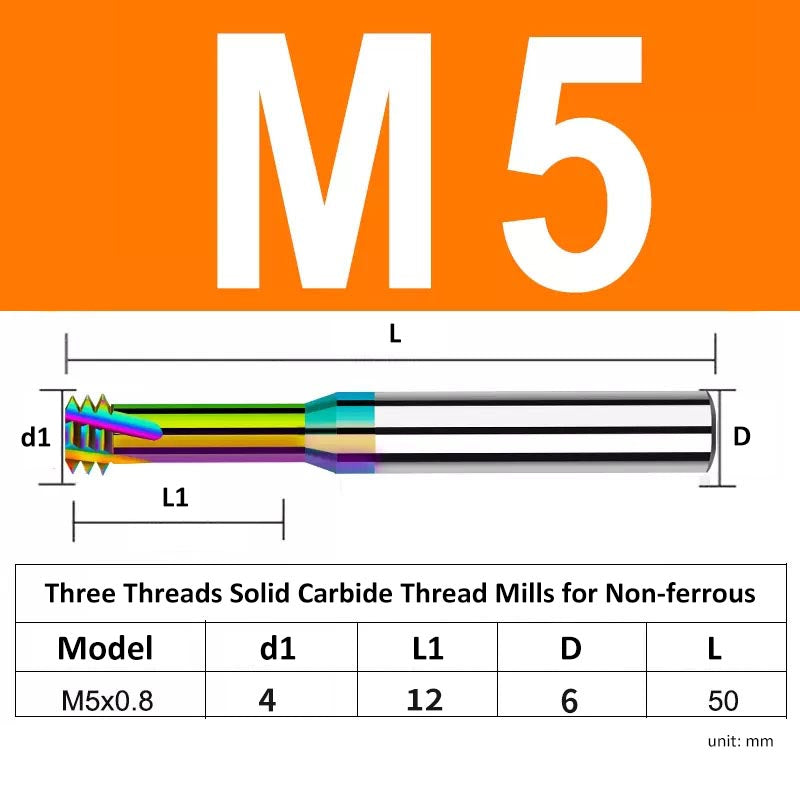 M5 Pitch 0.8mm Shank Diameter 6mm Full Length 50mm Three Thread Solid Carbide Thread Mills for Non-ferrous - Da Blacksmith