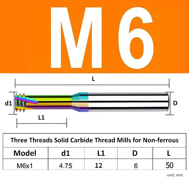 M6 Pitch 1mm Shank Diameter 6mm Full Length 50mm Three Thread Solid Carbide Thread Mills for Non-ferrous - Da Blacksmith