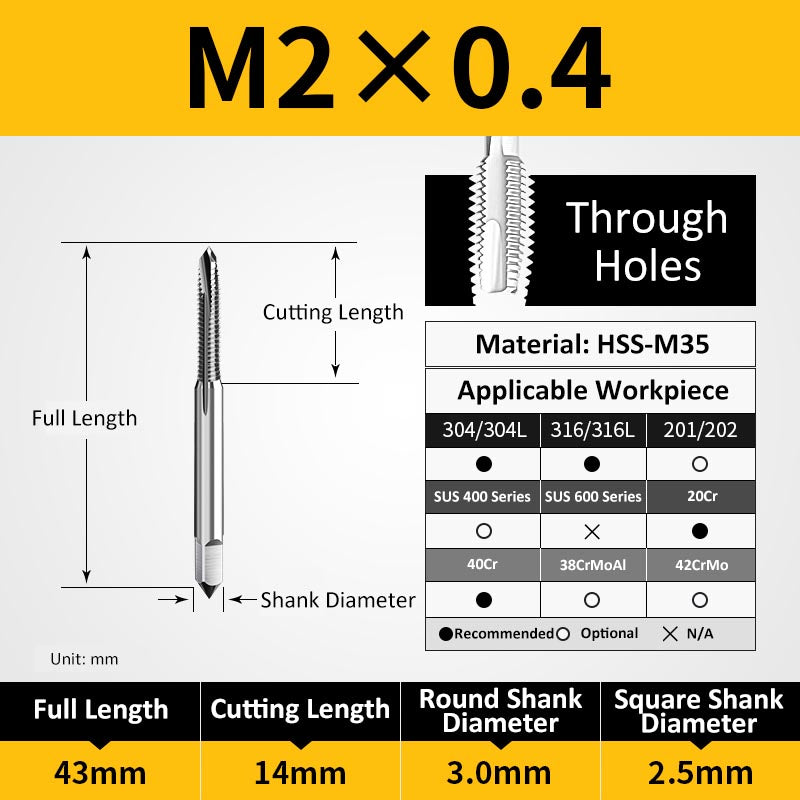 M2 Machine Thread Taps for Through Holes Special for Stainless Steel - Da Blacksmith