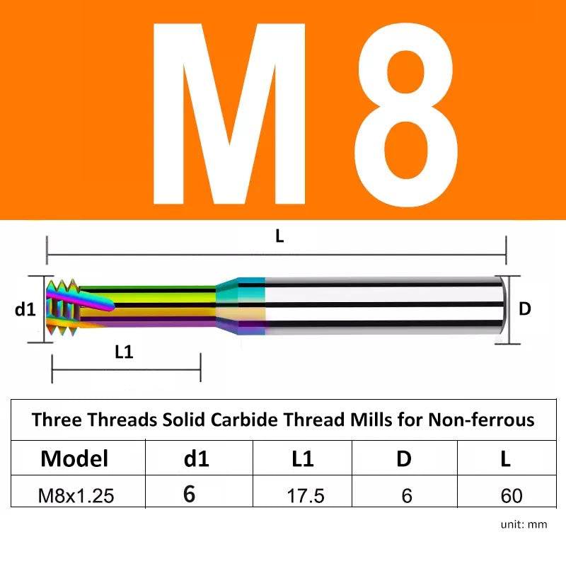 M8 Pitch 1.25mm Shank Diameter 6mm Full Length 60mm Three Thread Solid Carbide Thread Mills for Non-ferrous - Da Blacksmith