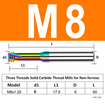 M8 Pitch 1.25mm Shank Diameter 6mm Full Length 60mm Three Thread Solid Carbide Thread Mills for Non-ferrous - Da Blacksmith