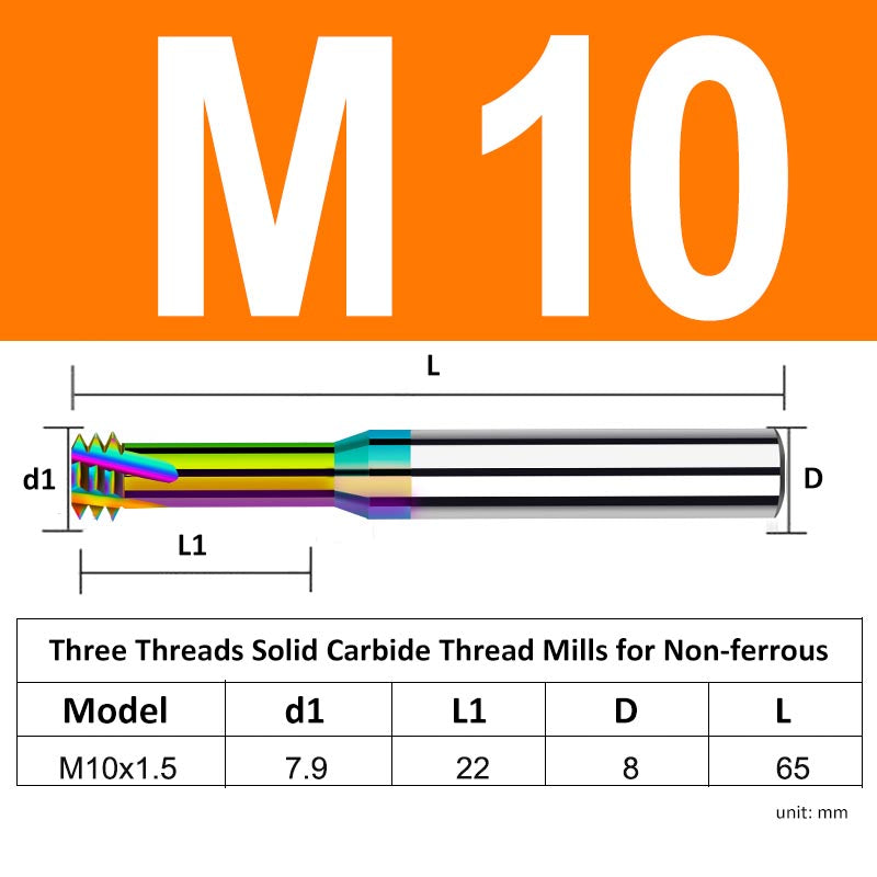 M10 Pitch 1.5mm Shank Diameter 8mm Full Length 60mm Three Thread Solid Carbide Thread Mills for Non-ferrous - Da Blacksmith