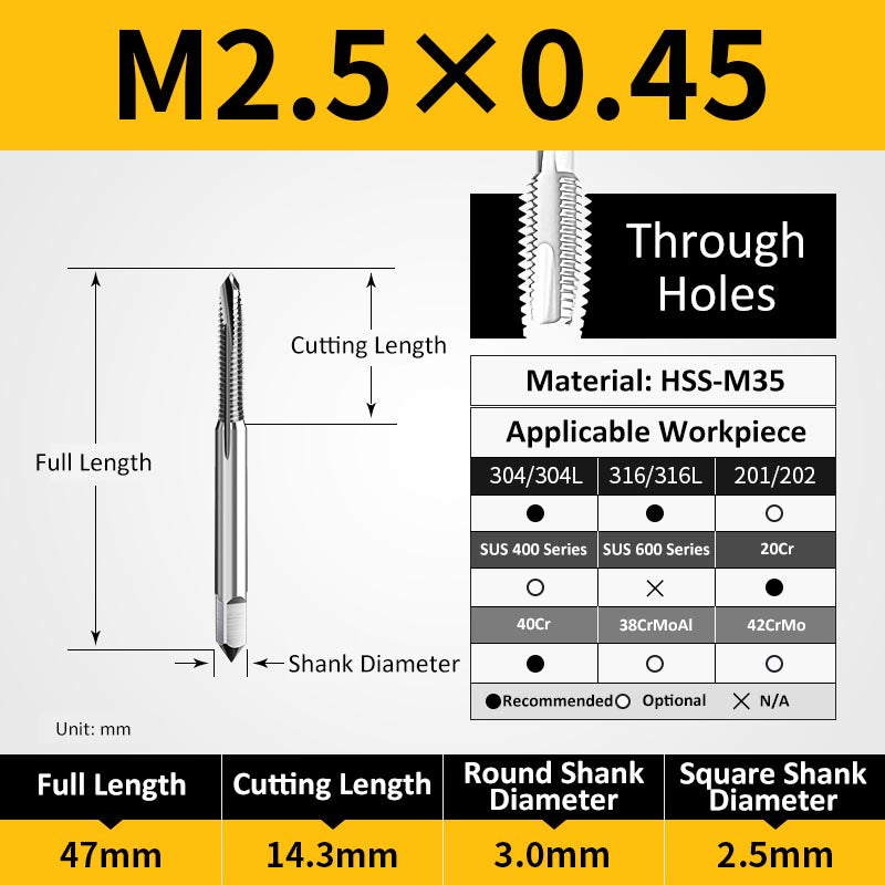 M2.5 Machine Thread Taps for Through Holes Special for Stainless Steel - Da Blacksmith