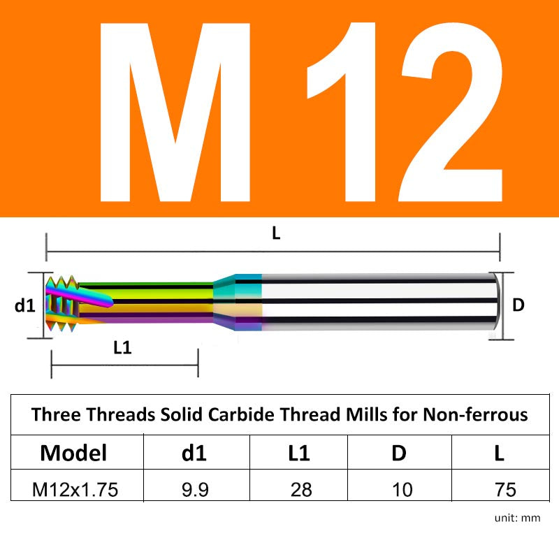 M12 Pitch 1.75mm Shank Diameter 10mm Full Length 75mm Three Thread Solid Carbide Thread Mills for Non-ferrous - Da Blacksmith