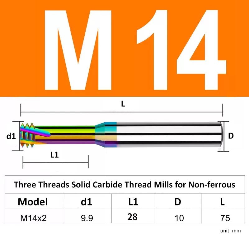 M14 Pitch 2mm Shank Diameter 10mm Full Length 75mm Three Thread Solid Carbide Thread Mills for Non-ferrous - Da Blacksmith