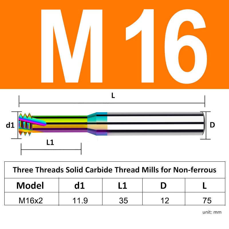 M16 Pitch 2mm Shank Diameter 12mm Full Length 75mm Three Thread Solid Carbide Thread Mills for Non-ferrous - Da Blacksmith