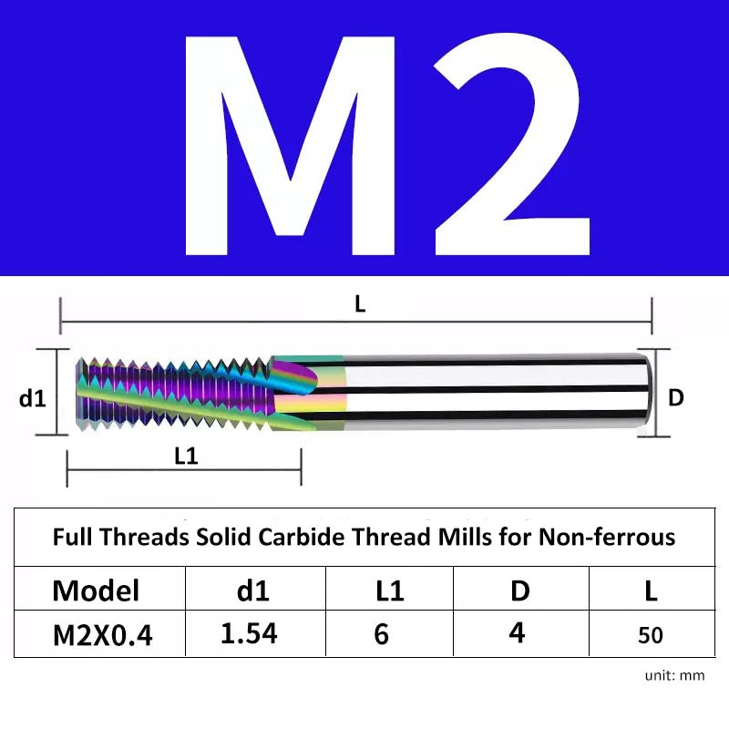 M2 Pitch 0.4mm Shank Diameter 4mm Full Length 50mm Full Thread Solid Carbide Thread Mills for Non-ferrous - Da Blacksmith