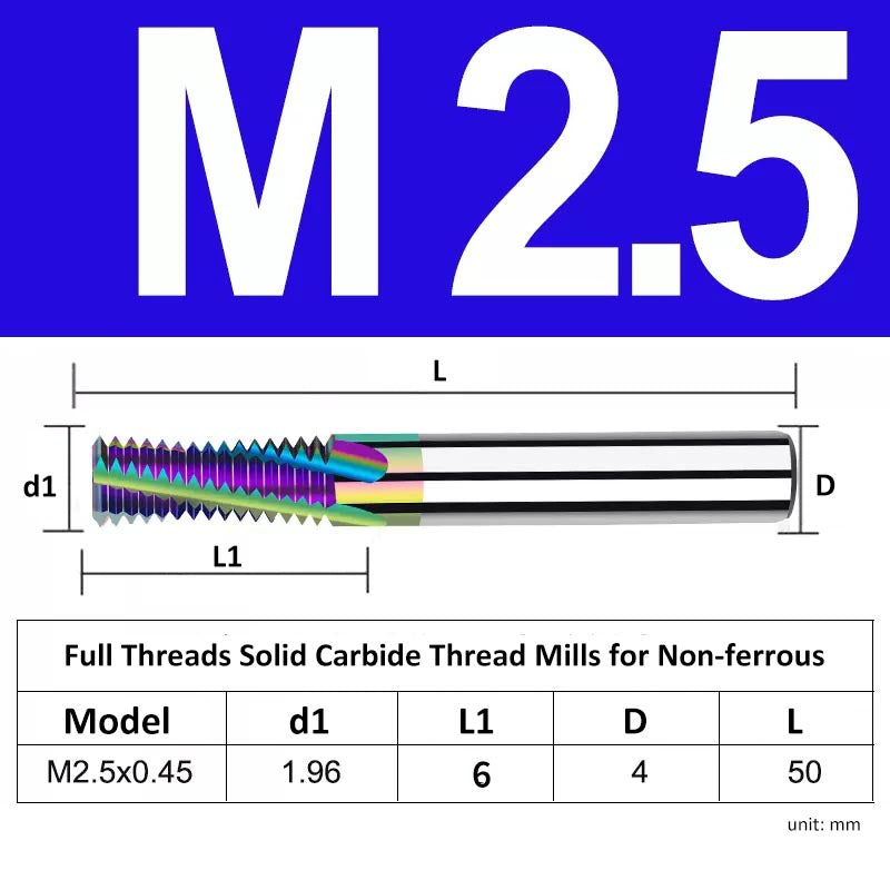 M2.5 Pitch 0.45mm Shank Diameter 4mm Full Length 50mm Full Thread Solid Carbide Thread Mills for Non-ferrous - Da Blacksmith