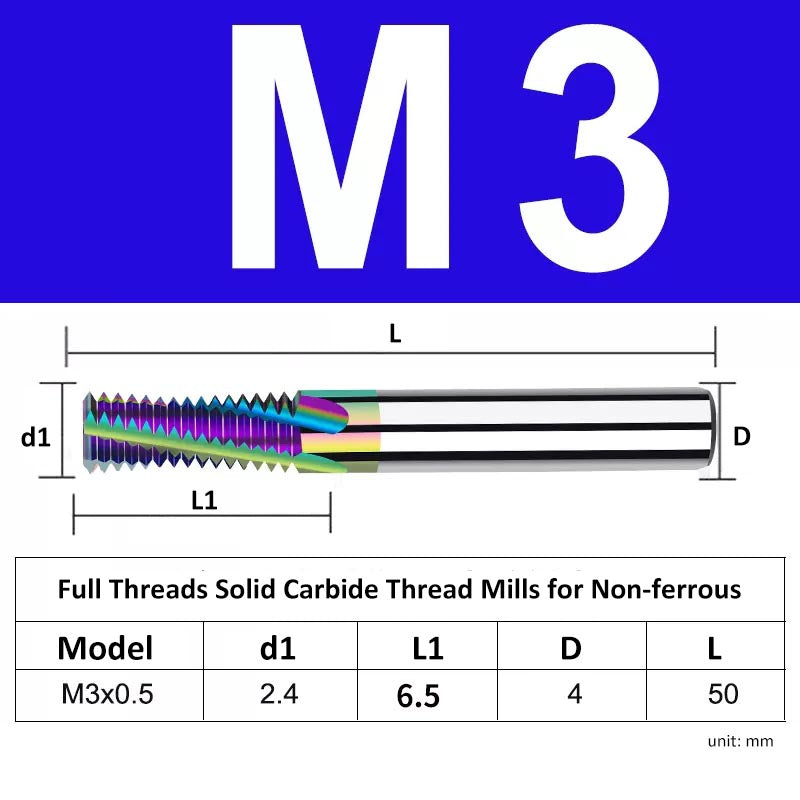 M3 Pitch 0.5mm Shank Diameter 4mm Full Length 50mm Full Thread Solid Carbide Thread Mills for Non-ferrous - Da Blacksmith